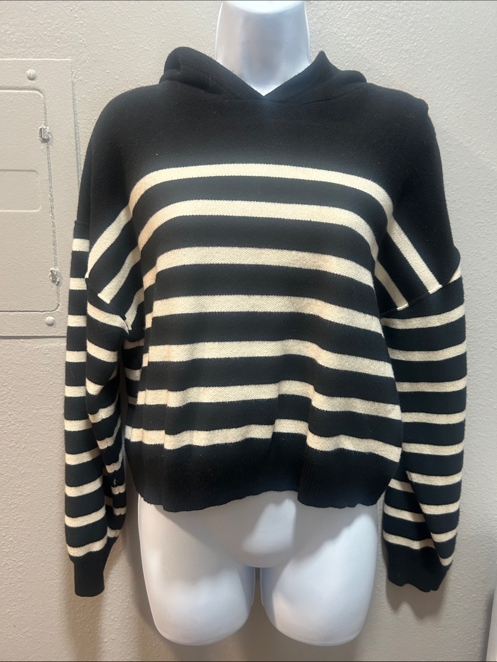 Striped Black and Cream Hooded Sweater